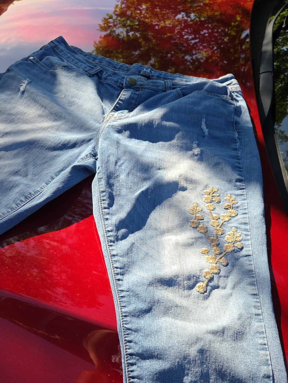 New Directions Light Blue Crop Jeans with Floral Embroidery